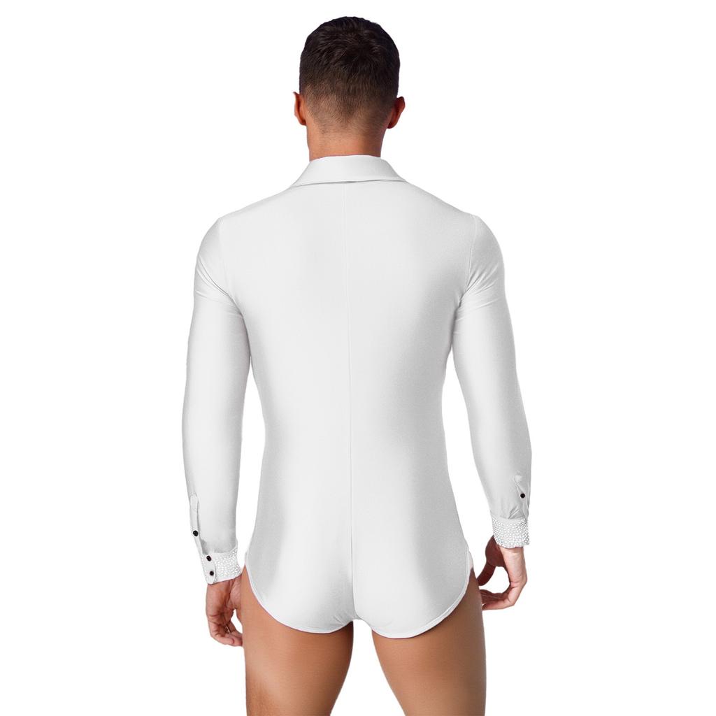 Mens Shiny Rhinestones Latin Dance Leotard Turn Down Collar V Neck Long Sleeve Button Shirt