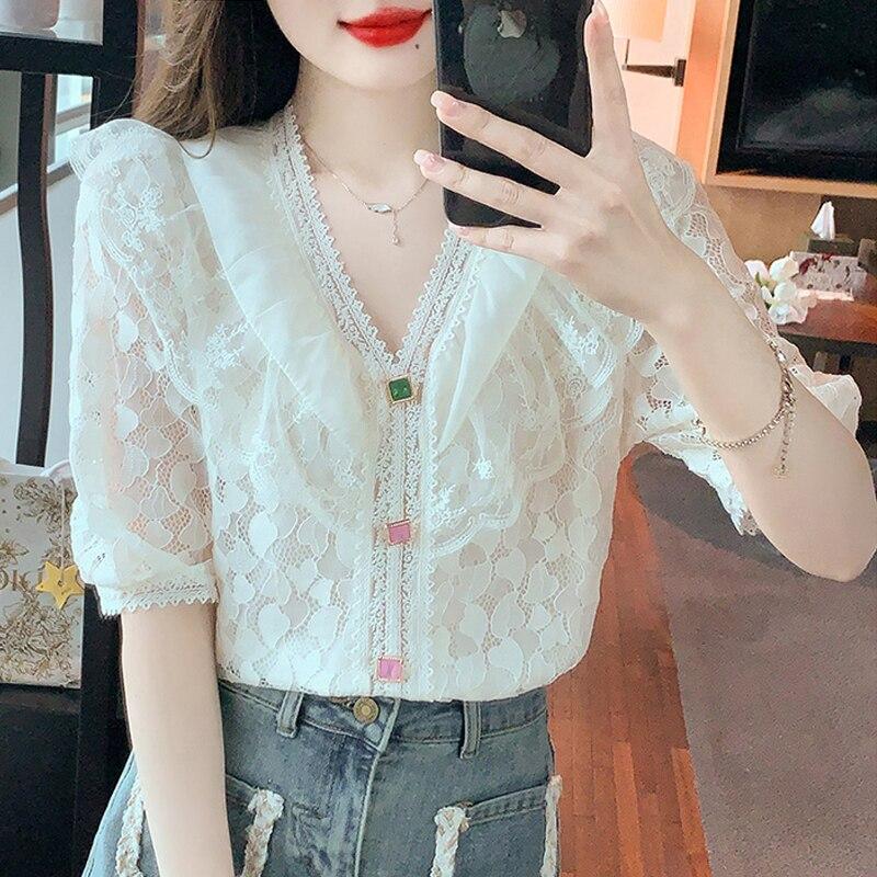Summer Elegant Lace Chiffon Blouse And Shirt For Women 2026 Casual Ruffle Short Sleeve Top Sweet Ladies Loose Button Shirt 27045