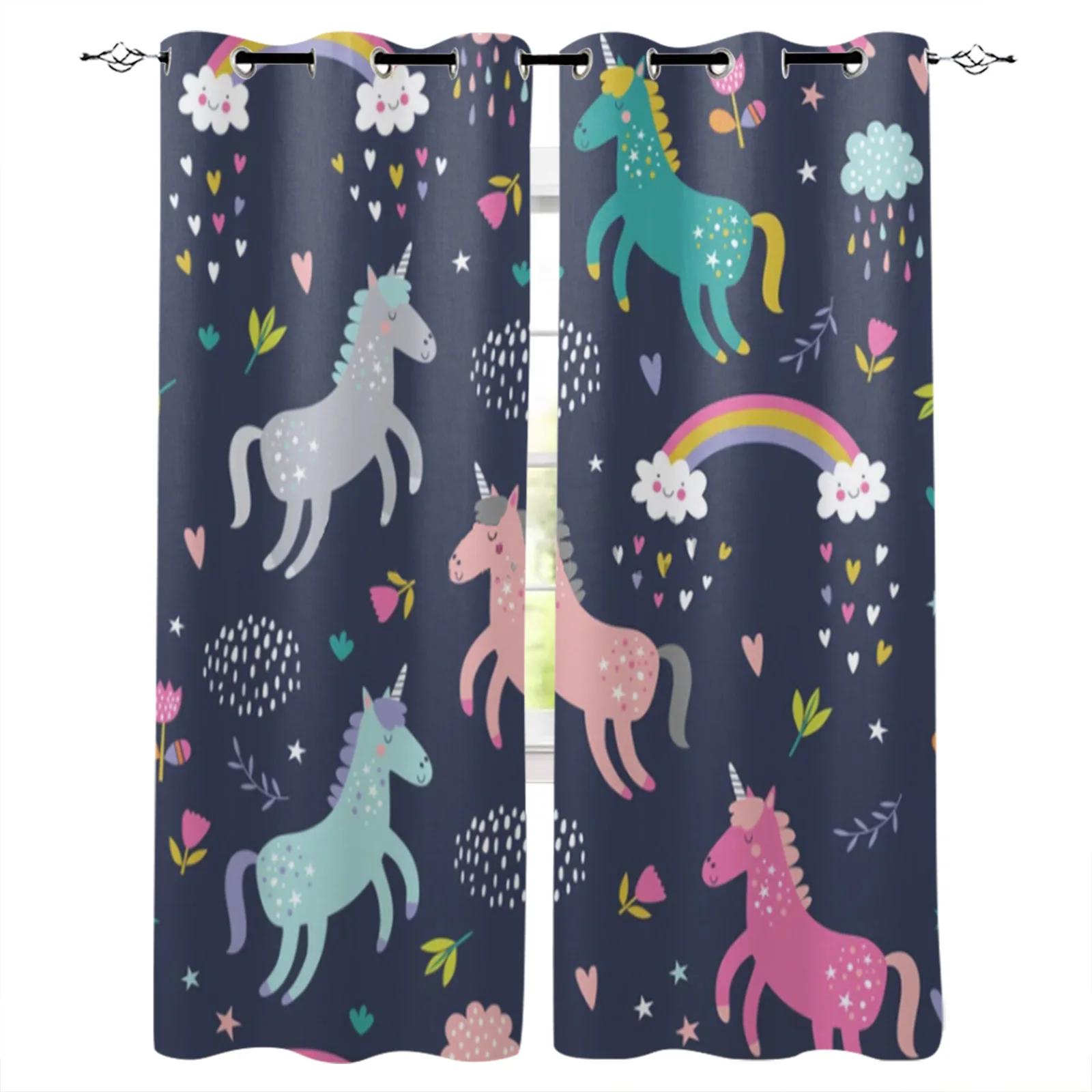 

2panels Cartoon Style Cute Pink Unicorn Windows Curtains for Living Room Child Sleeping Room Window Covering Blinds Kitchen Curtains (W50H130cm)-2pcs&Hook