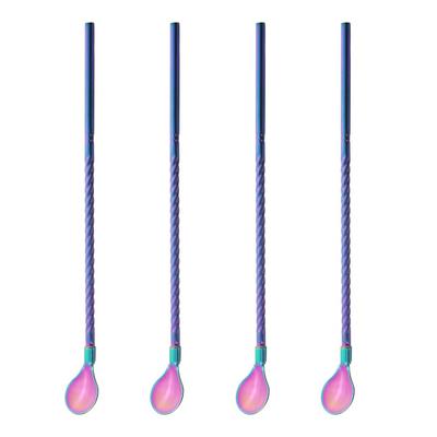 Cucchiaio di cannuccia lungo multicolore da 4 pezzi, in acciaio inossidabile 18/10, dritto, riutilizzabile, per cocktail, caffè, cocktail, cocktail, bar, feste