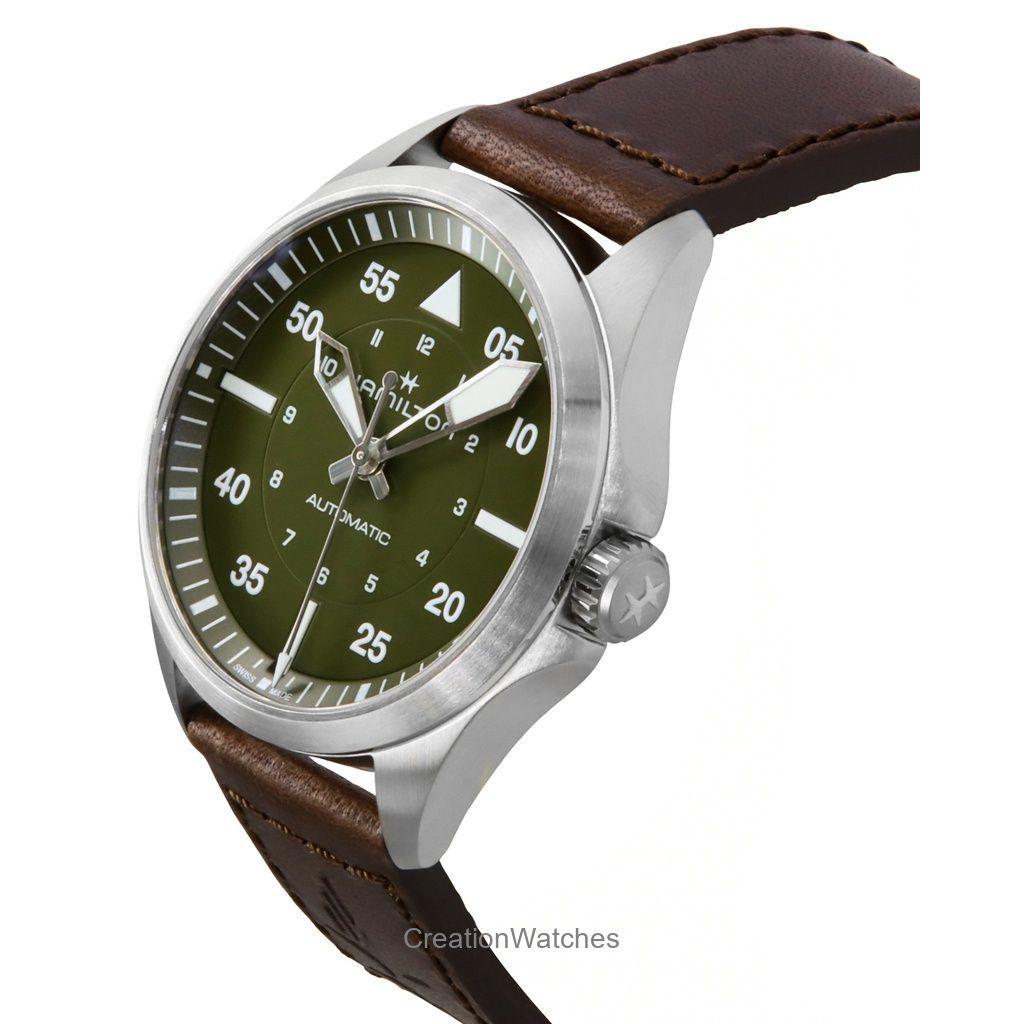 Hamilton Khaki Aviation Pilot Leather Strap Green Dial Automatic H76305560 100M Men's Watch