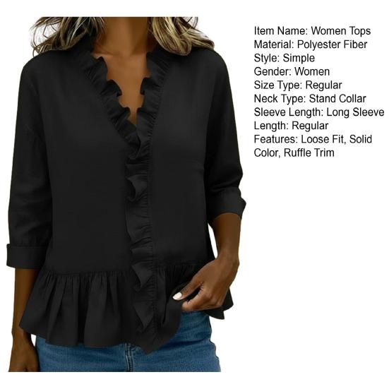 Women Casual Shirt Stand Collar Mid-Length Long Sleeve Breathable Tops Pure Color Loose Fit Ruffle Trim Shirt Daily Wear