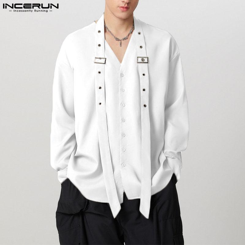 INCERUN Men V Neck Long Sleeve Patchwork Button Up Casual Loose Shirts