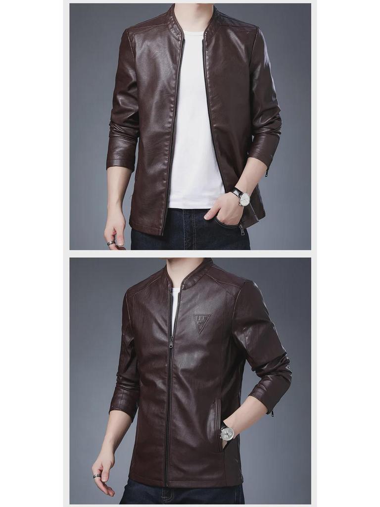 Men's Korean Style PU Leather Stand Collar Jacket - Autumn/Winter Fashion Motorcycle Jacket