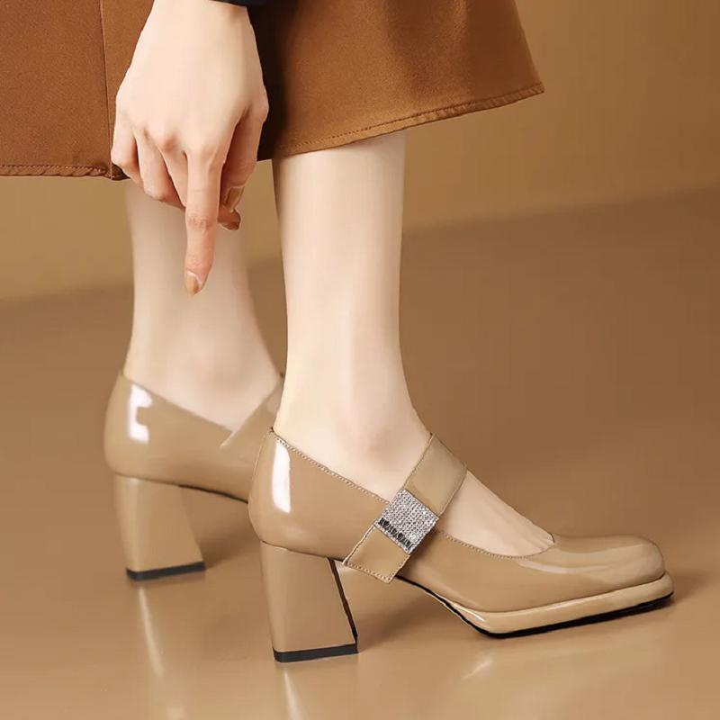 Fashion women fashion brown high quality pu leather buckle strap square heel shoes lady casual black comfort heel shoes zapatos ea475