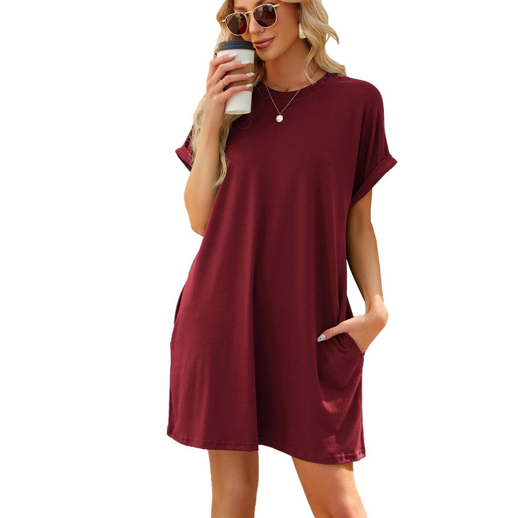 2026 Spring/Summer Solid Color Round Neck Pocket Loose Short-Sleeved Dress