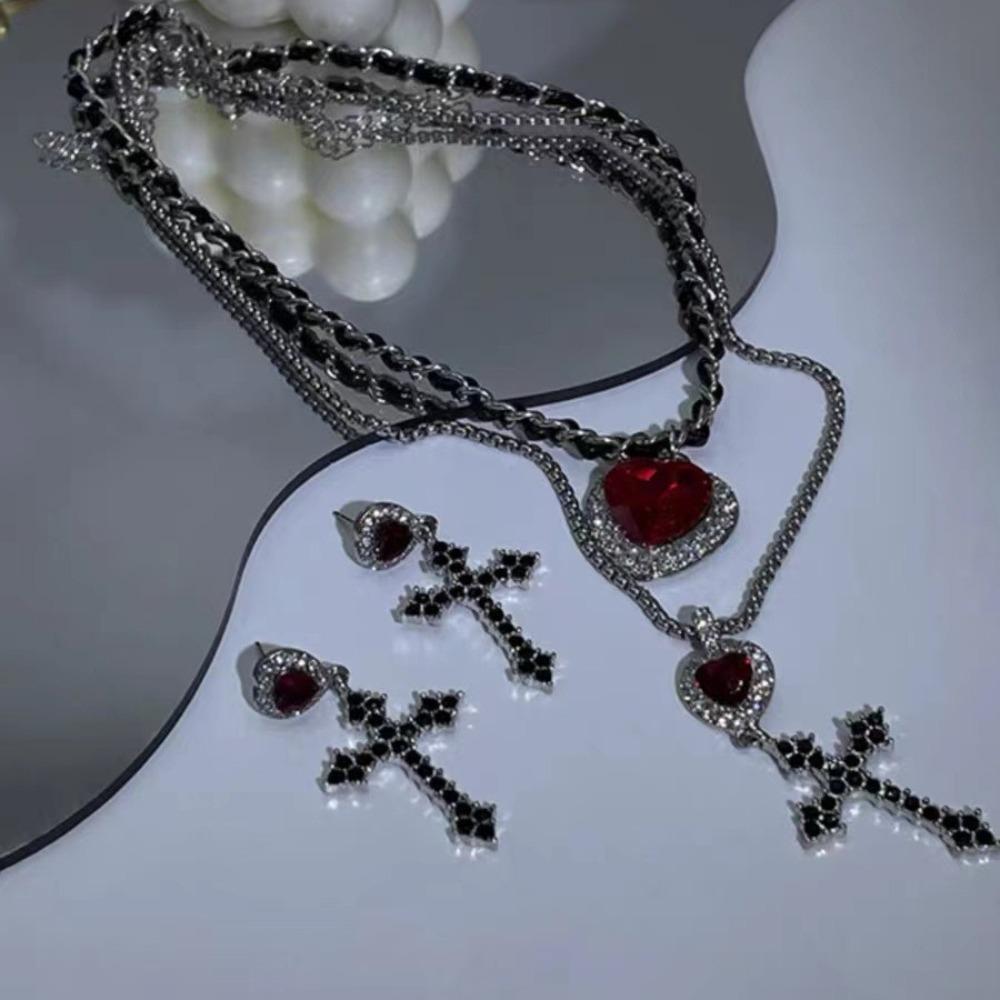 Punk Grunge Red Heart Crystal Cross Pendant Double Layer Silver Color Chain Necklace for Women Gothic Y2k Aesthetic Jewelry Gift