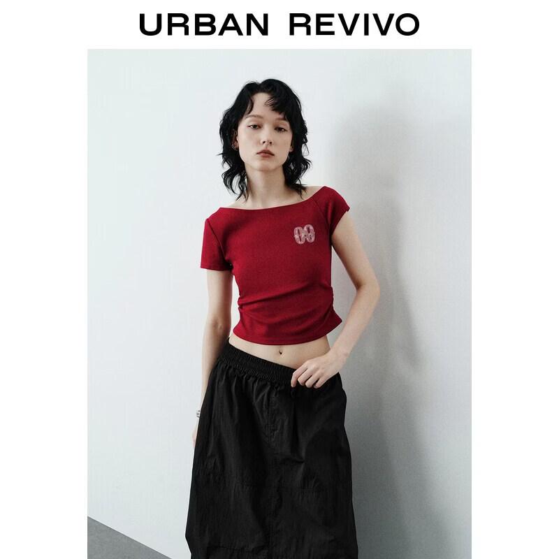 UR2026 Women s Sweet Cool Print Slant Shoulder Pleated Slim T-shirt S