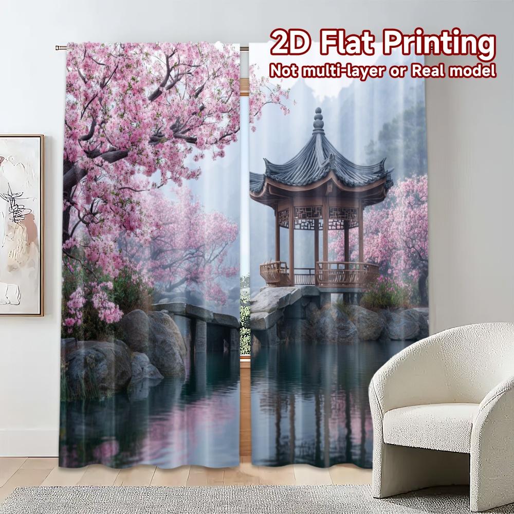 2pcs, 2D FLAT PRINTING Curtains (Without Rod) Cherry Pavilion Chic Pattern Curtains Versatile Polyester Curtains Outdoor