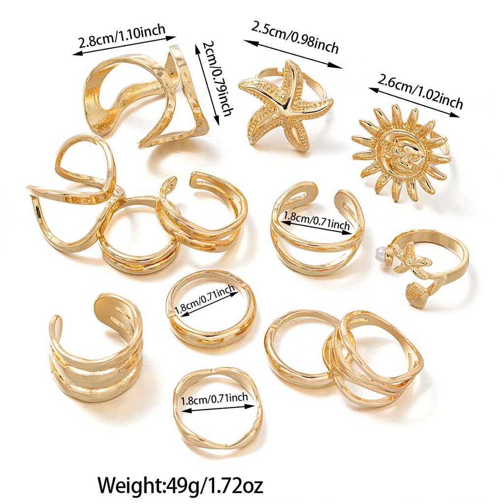 13 Pieces Punk Style Geometric Line Open Ring Multi Piece Set Sun Starfish Women's Ring Set