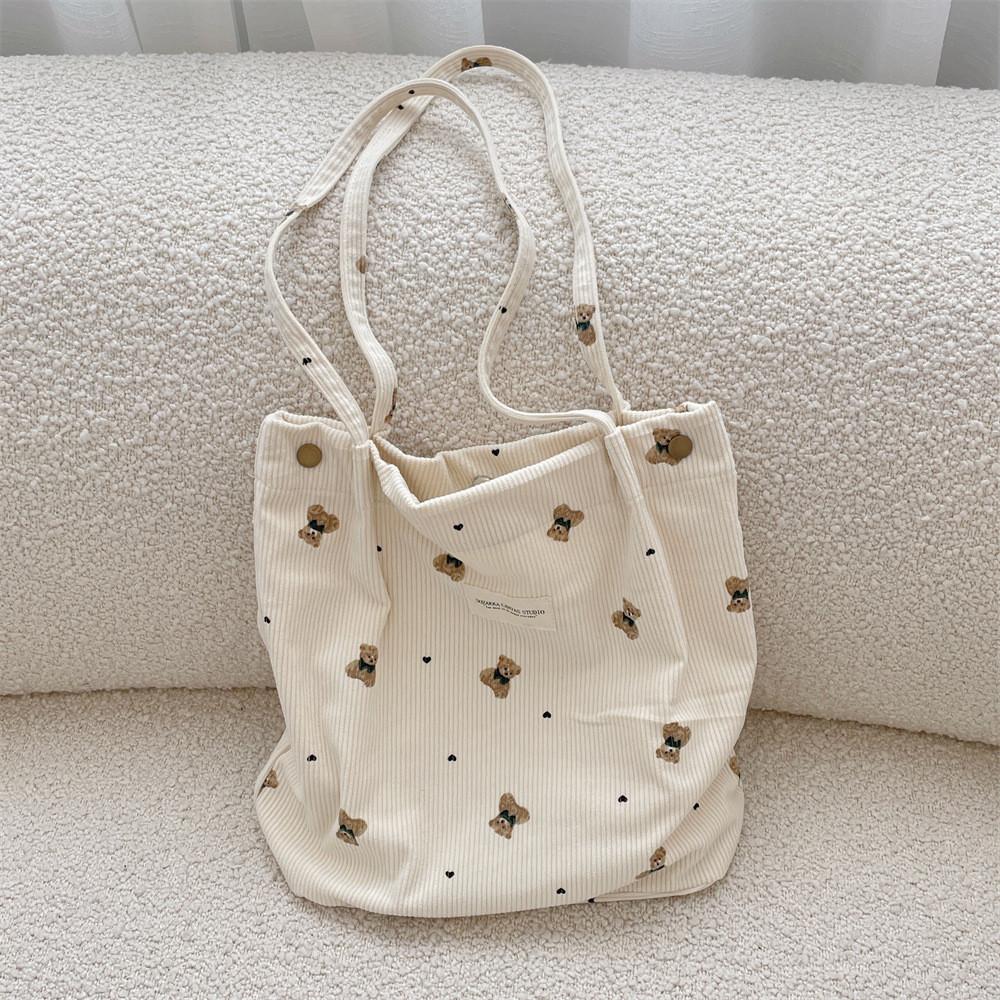 Adorable Corduroy Bear Print Canvas Tote Bag Spacious Soft Shoulder Bag For Students