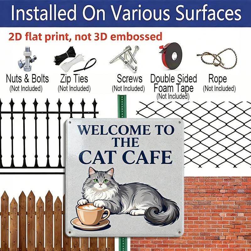 2D Flat, 1pc Vintage Cat Cafe Metal Sign - Welcome To Cat Cafe with Paw Print & Kitten Design - Rustic Wall Art for Outdoor, Pet-Friendly Decoration
