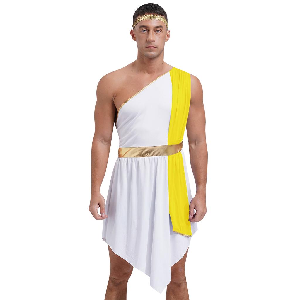Greek Roman Role Play Outfit - Men's Color Block One Shoulder Dress Irregular Hem for Halloween Party