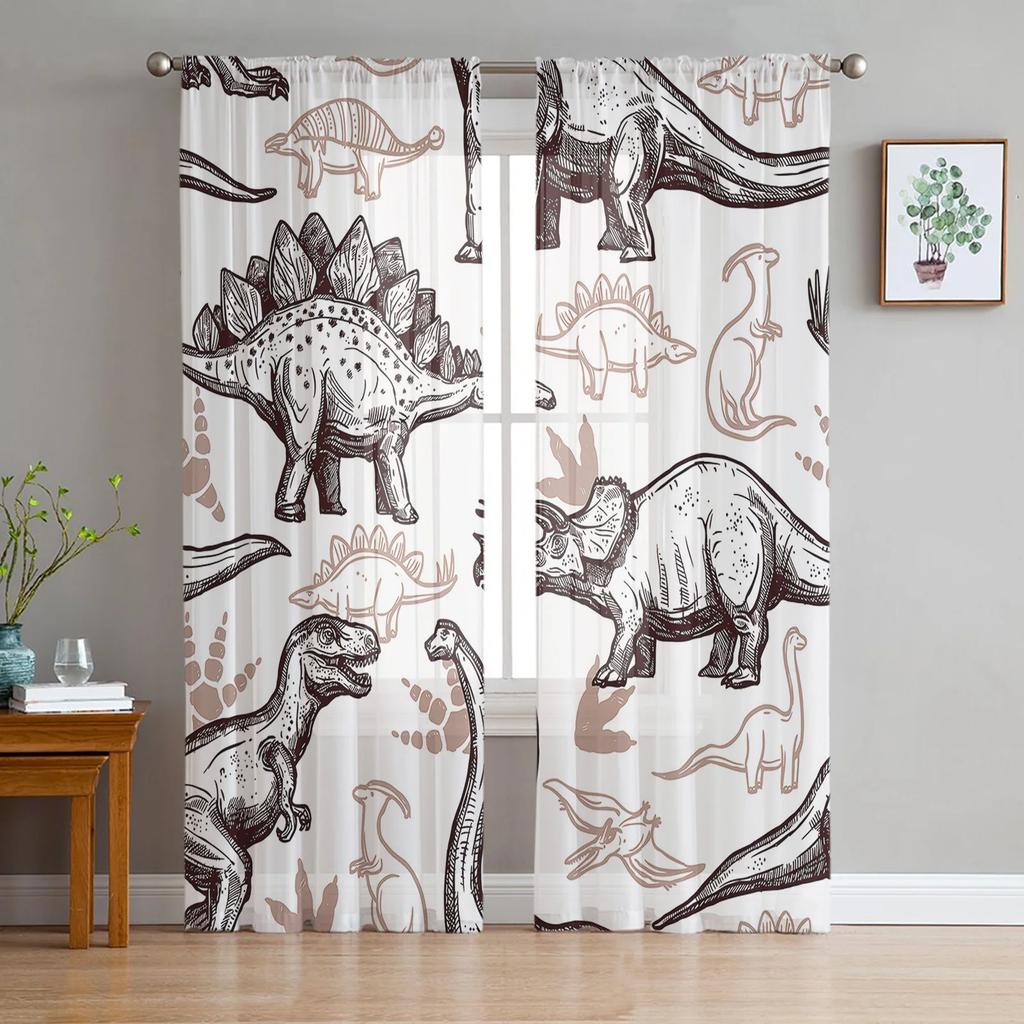 Dinosaur Jungle Curtain Window Tulle Living Room Bedroom Kitchen Chiffon Treatment Decorations Sheer For Sitting Made Of Polyester