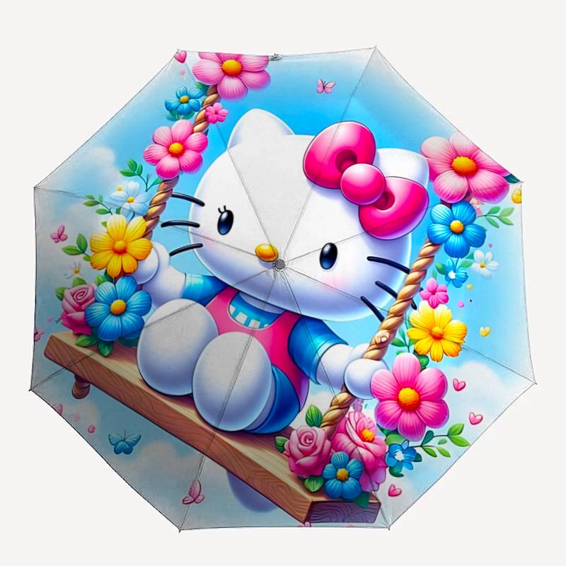 1pc Hello Kitty Floral Swing Design Automatic Opening/Closing Umbrella - Portable Folding Design with 8-Rib Iron Frame, Perfect for Outdoor Use, Festi