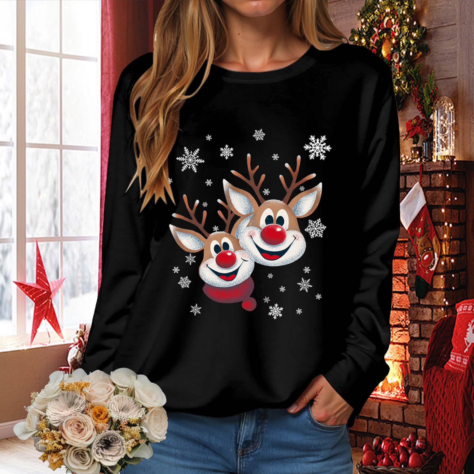 

Women s Fashionable Casual Long-Sleeved Loose-Fit Christmas Print Round-Neck Pullover Sweatshirt L чёрный