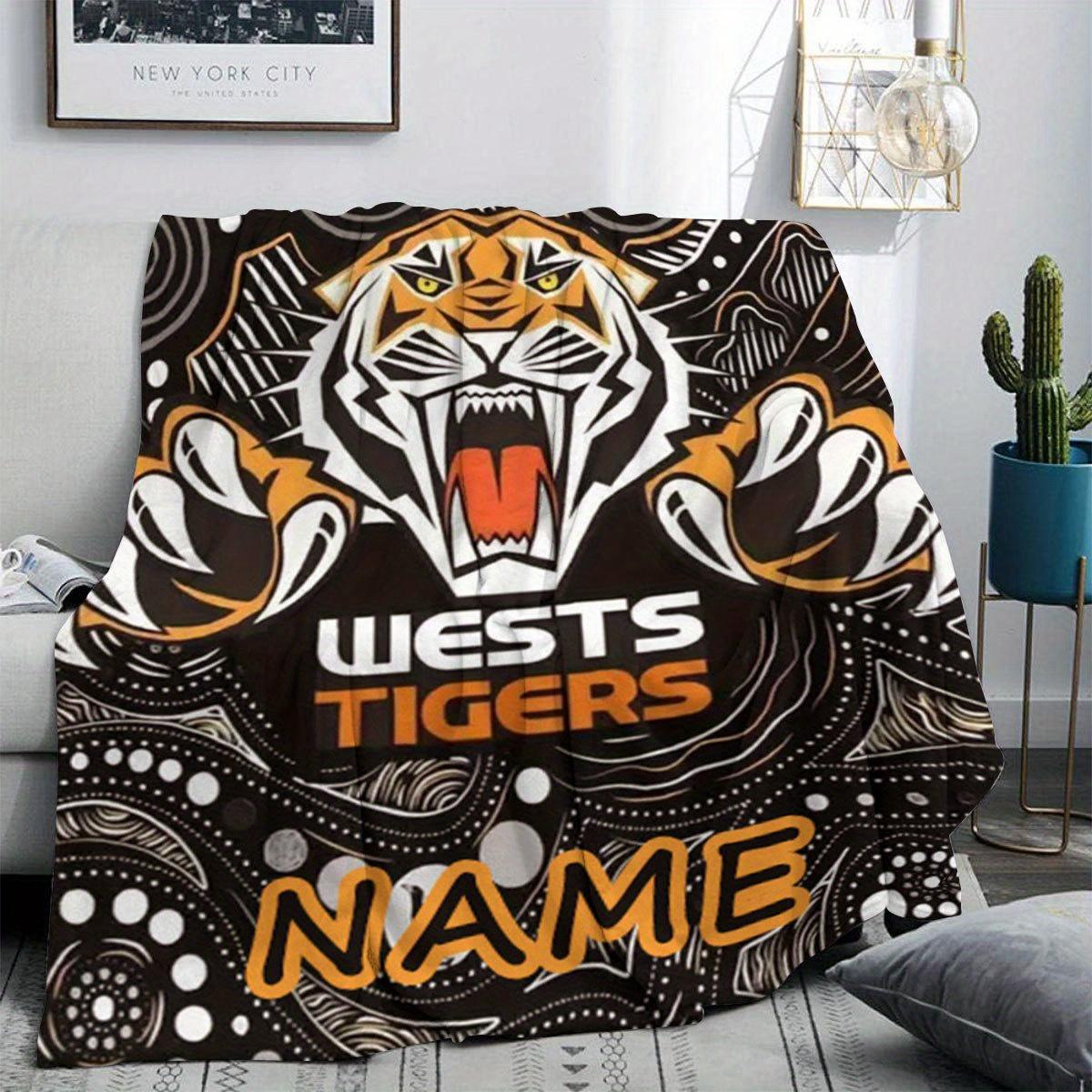 Personalized Wests Tigers Blanket Name Tribal Art Soft Fleece Throw Rugby Fan Gift Home Decor Sports Theme 75x100cm