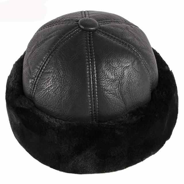 Dicke warme Wintermütze für Herren, schwarzes Fell, Leder, russische Mütze, männlich, winddicht, für Schnee, Ski, russische Mütze, mit Fleece gefüttert, Papa-Mütze