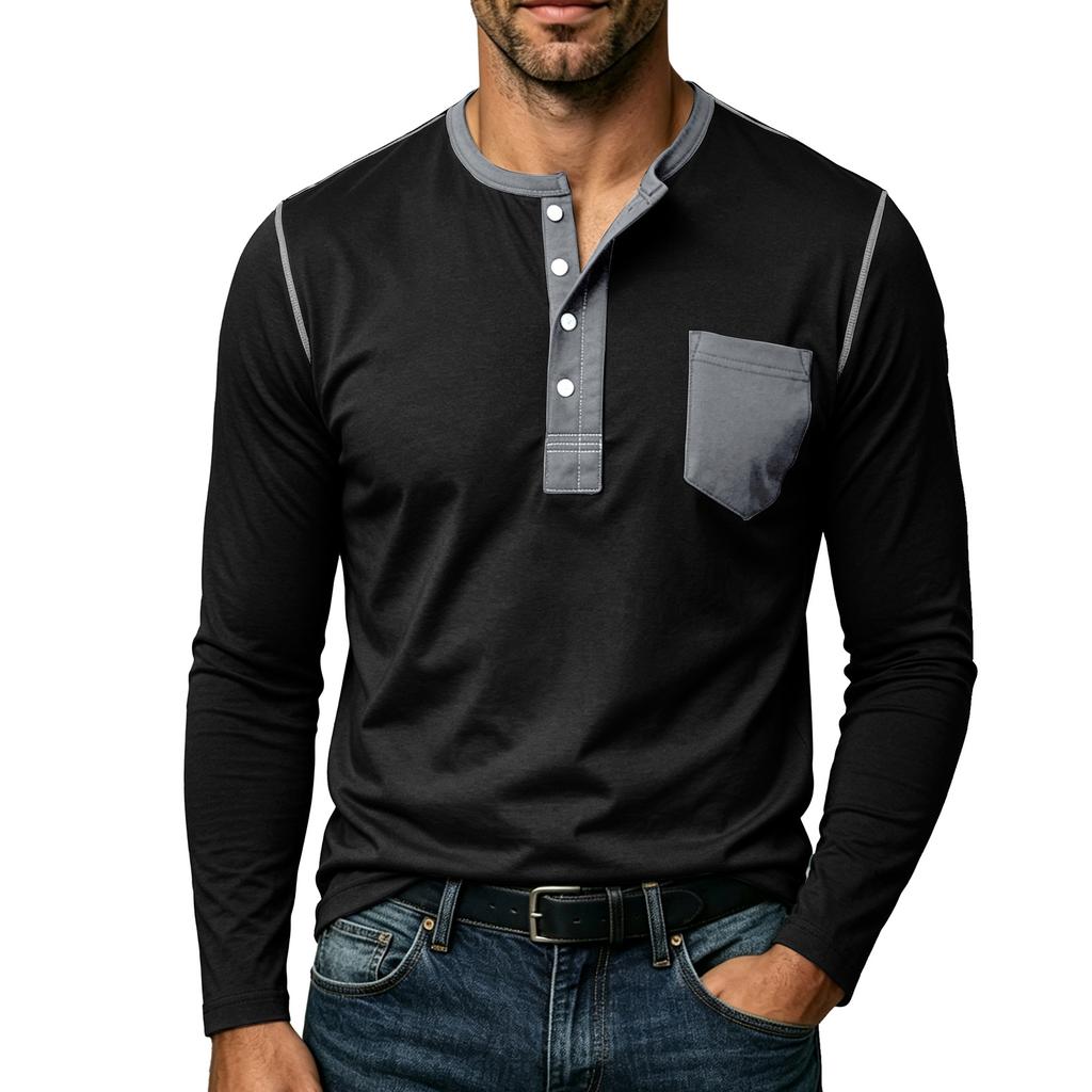 Mens Contrast Color Pocket Long Sleeve Crew Neck Henley Casual T Shirt
