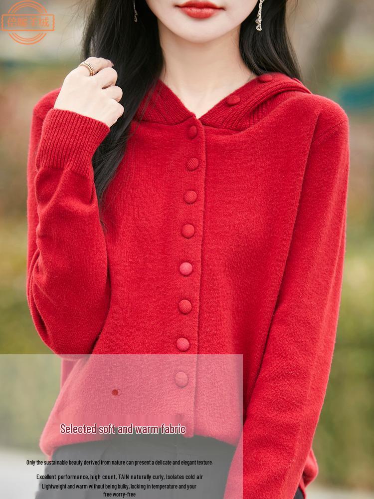 Women's Red Hooded Knit Cardigan - Autumn/Winter Fashion, Age-Reducing, Loose Slim Fit Sweater