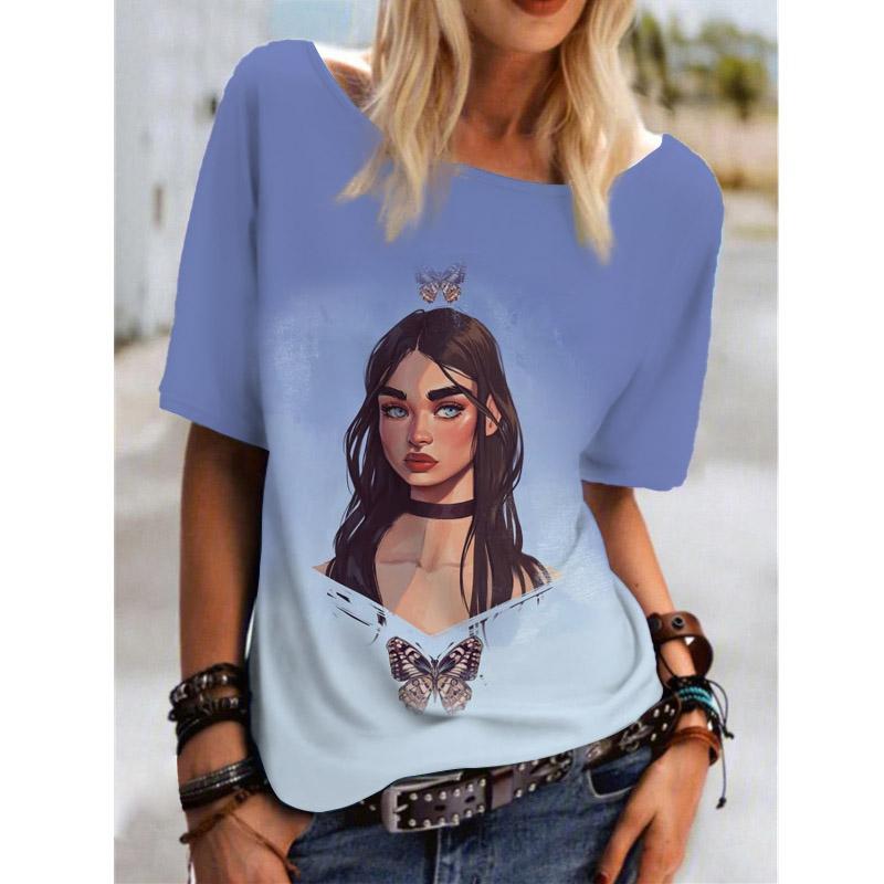 Tops Camiseta Estampada Degradada Con Cuello Redondo Para Mu Tops Camiseta Estampada Degradada Con Cuello Redondo Para Mu