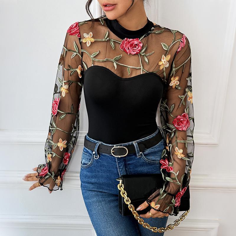 Autumn New Lace Patchwork Embroidered Long Sleeved Semi Jumpsuit for Women