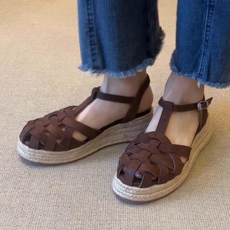 2025 New Summer Popular Retro Style Cross Belt Bag Head Slope Heel Not Tired Feet Super Soft Roman Sandals Women's Outer Wear