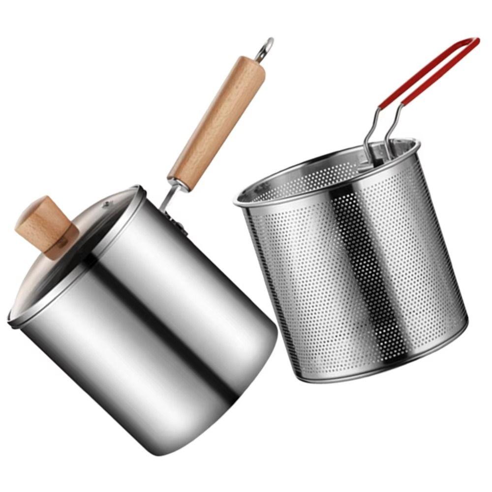 Wood Handle Deep Fryer Pot Strainer Basket Milk Warmer Pot Stainless Steel Frying Pan  French Fries