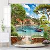Cortina de Ducha con Escena Costera Mediterránea con Barcos, Edificios y Flores Florecientes para una Decoración de Baño Pintoresca