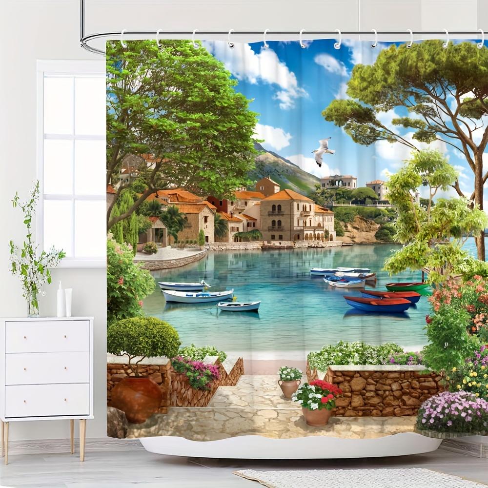 Cortina de Ducha con Escena Costera Mediterránea con Barcos, Edificios y Flores Florecientes para una Decoración de Baño Pintoresca