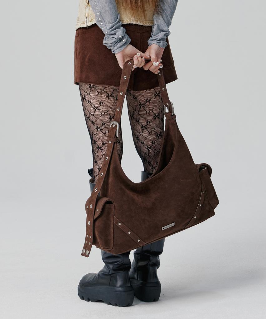Peanut Loop Stud Buckle Suede Bag Brown