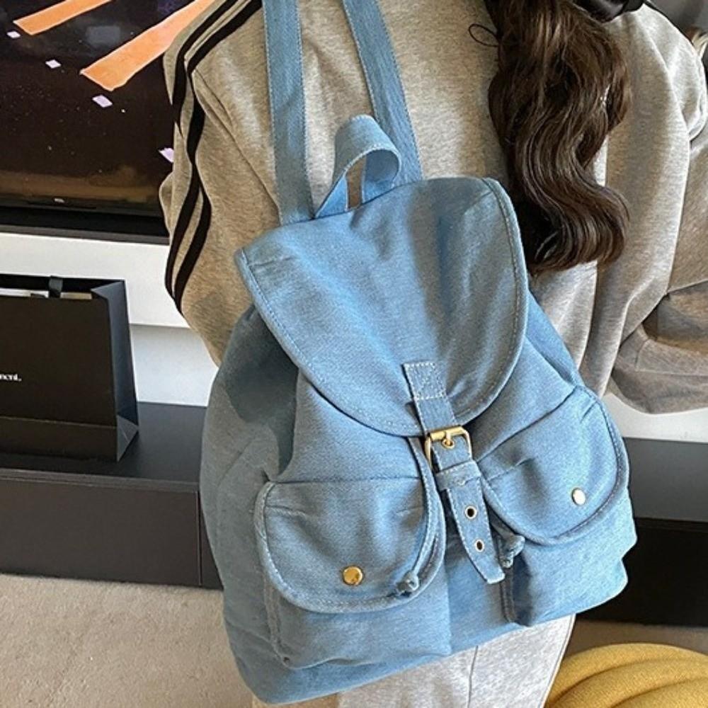 Washed Denim Retro Backpack Large Capacity Lace-up Drawstring School Bag Exposed Stitching Multi-pocket Commuting Bag Students
