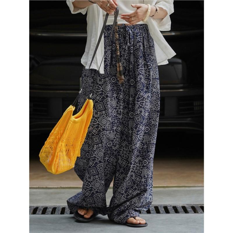 Johnature Bohemian Ethnic Style Cashew Flower Wide-leg Casual Women Pants Summer Long Casual Trousers