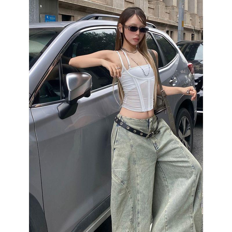 # Sisjuly# Hong Kong Style High Street Gyaru Fun Trend Mesh Patchwork Perspective Waist Girdle Fishbone Cami