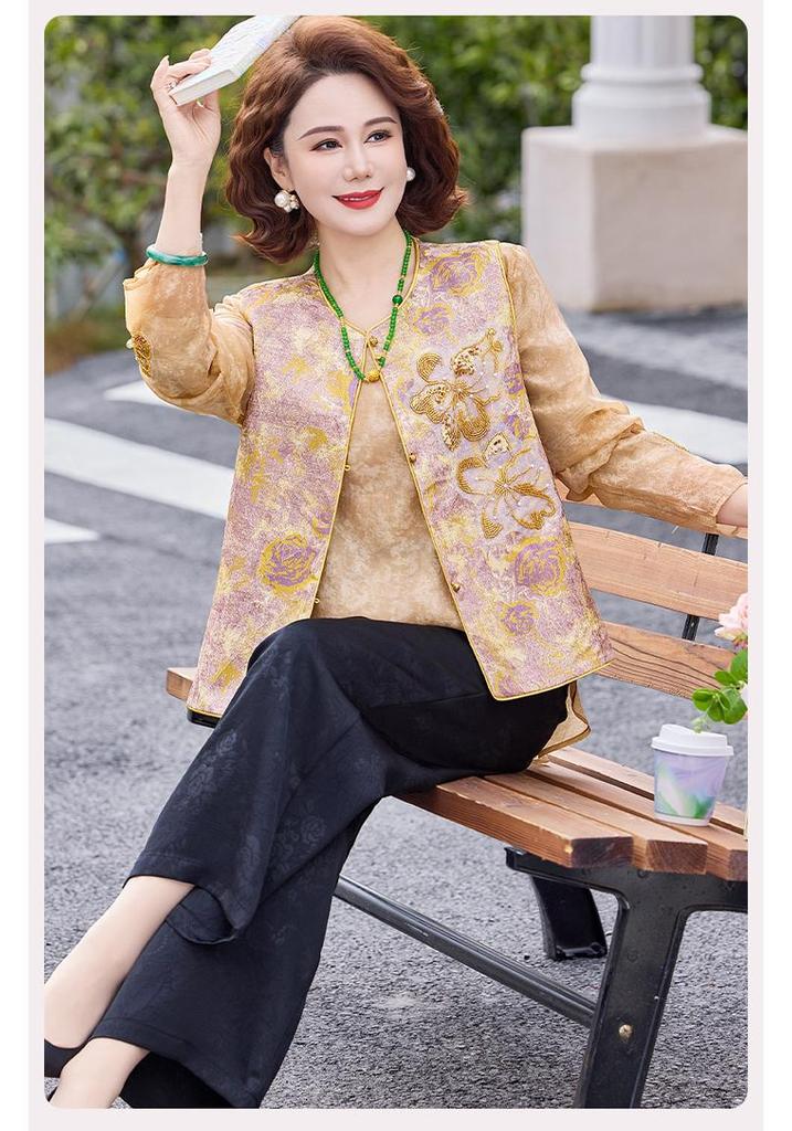 2026 Chinese-Style Embroidered Vest for Middle-Aged & Elderly Women - Elegant, Fashionable Two-Piece Set for Mom