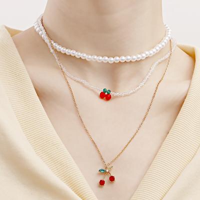 Accessories, Stylish Double Red Cherry Pendant, Necklace, Imitation Pearl Neck Chain Ins Windfall