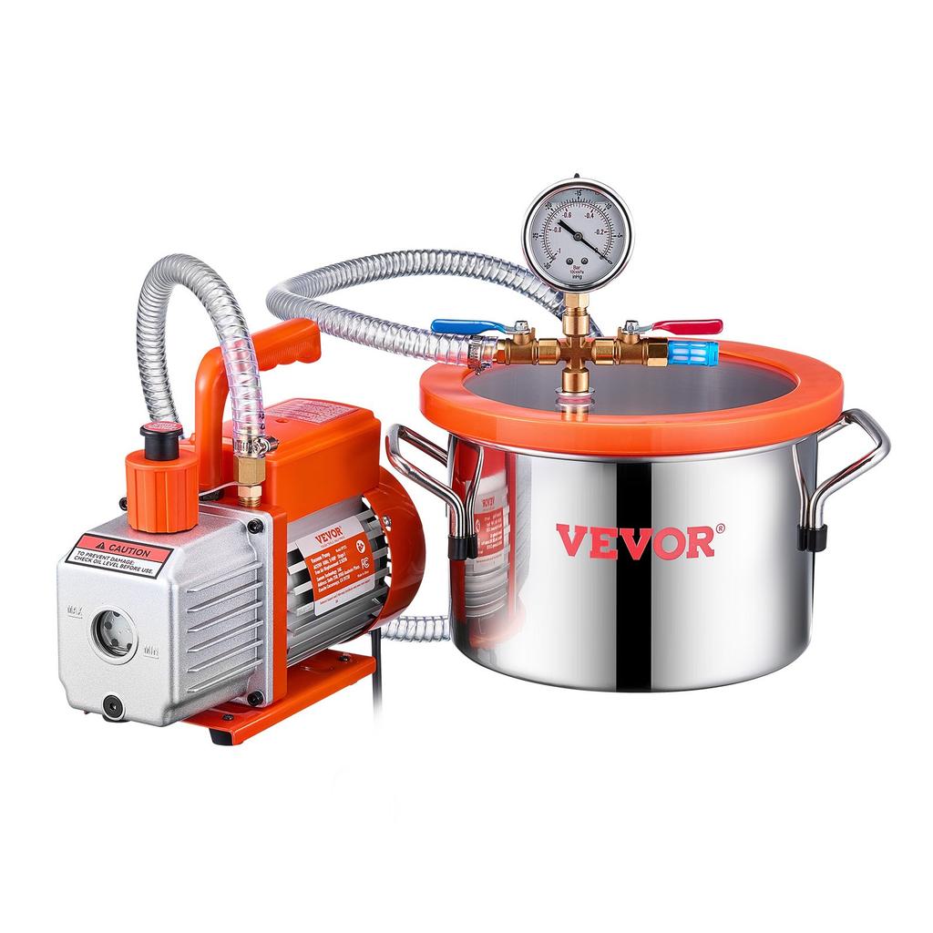 VEVOR 5.7 L(1.5 Galones) Cámara de Vacío y 100 L/min(3.5 CFM) Kit de Bomba, Cámara de Acero Inoxidable, Kit de Cámara de Desgasificación con Bomba de Vacío de Una Etapa