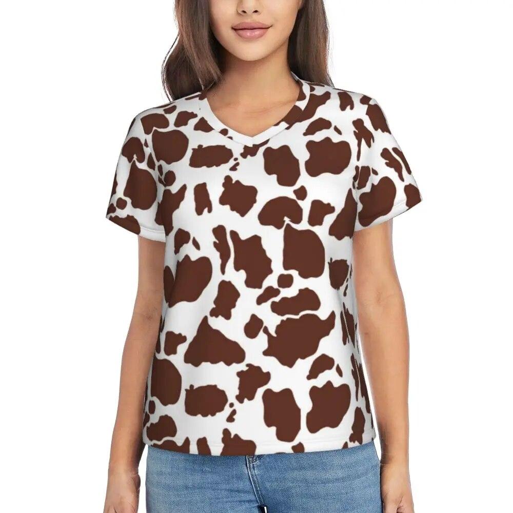 

Футболки с коровьим узором, черные пятна с принтом, V-образный вырез, повседневная футболка большого размера, женская футболка с коротким рукавом, эстетичная футболка, летние дизайнерские топы L