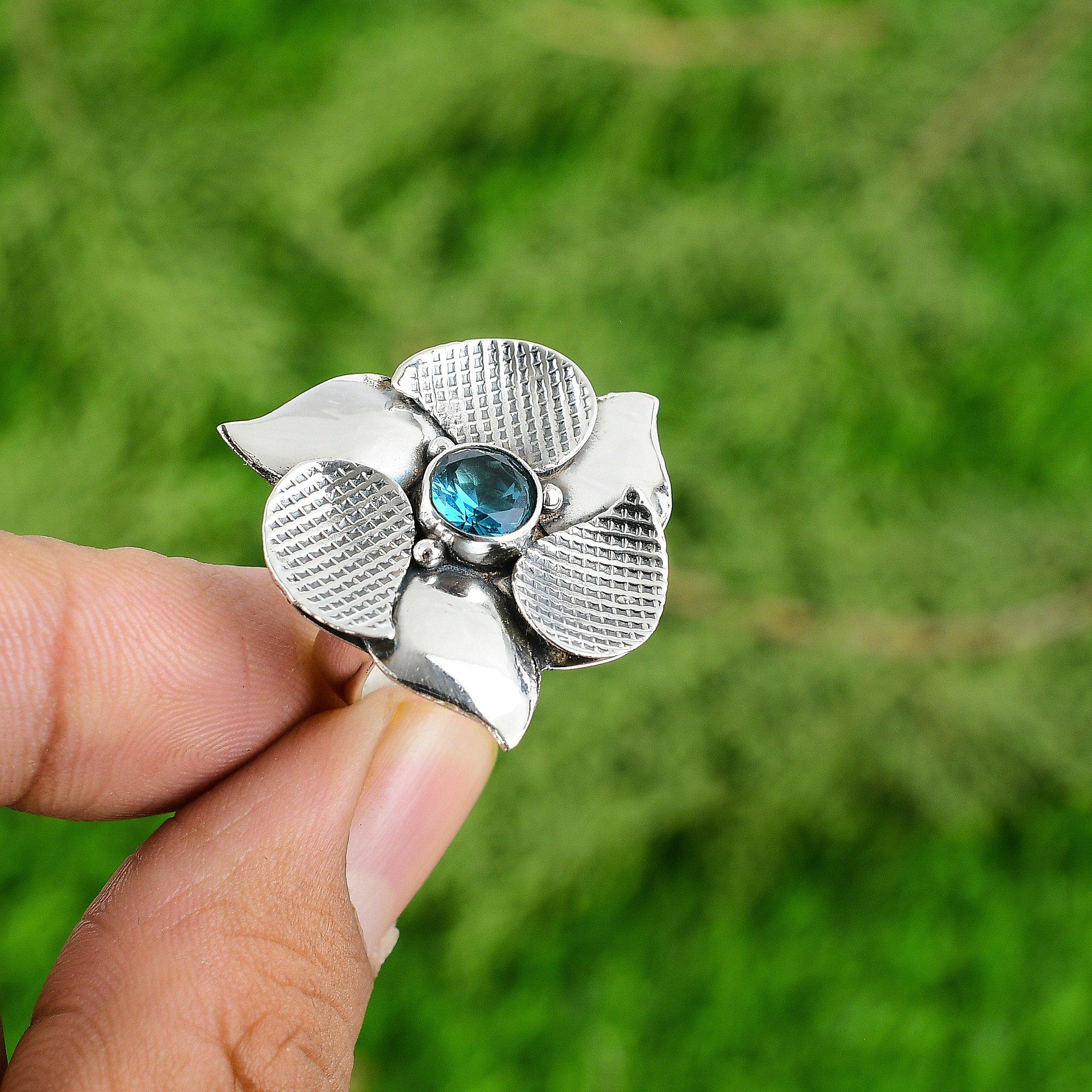 

Серебро 925 пробы Натуральный швейцарский голубой топаз Цветочный Арт-деко Многокаменный Материнское кольцо Adjustable