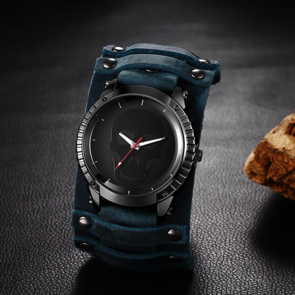 Ceas cu curea din piele cu stil Rock Punk Antich, Impermeabil, Analog-Quartz, cu Piele Autentică, Ceas de Modă pentru Motocicliști, Cadou Perfect pentru și Zi Bărbați