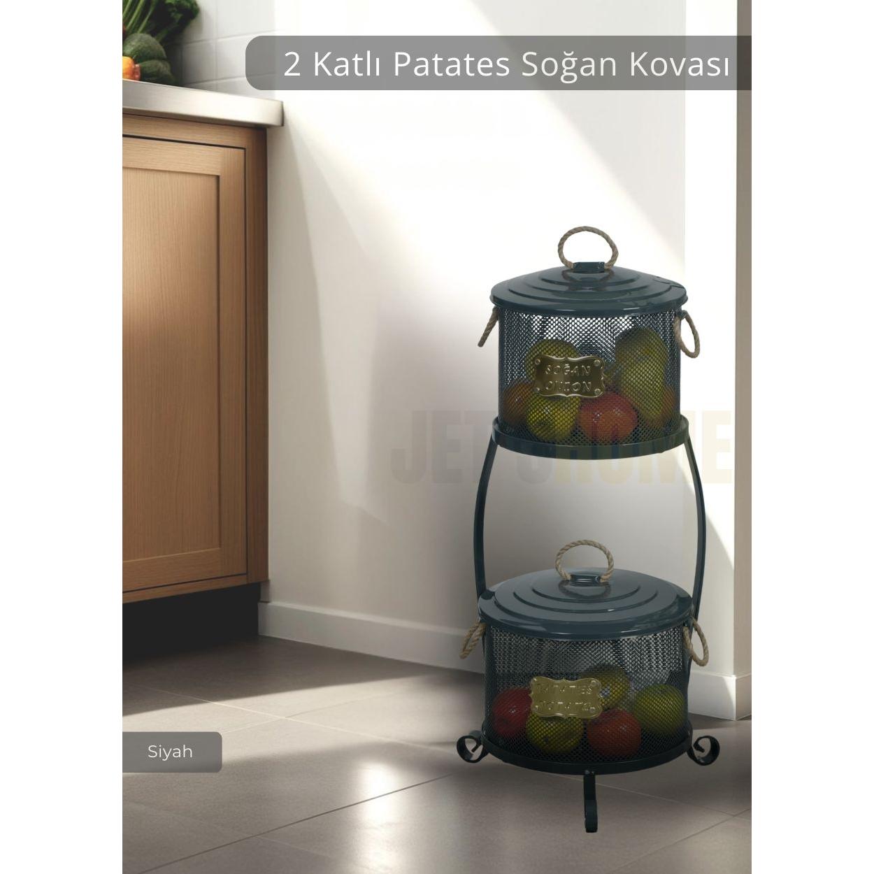 

Patates Soğan Kovası 2 Katlı Sebzelik Paslanmaz Organizer Patates Soğan Sepeti Siyah