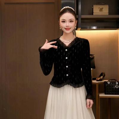Women's New Ruffled Velvet Shirt Temperament V-neck Single-breasted French Top