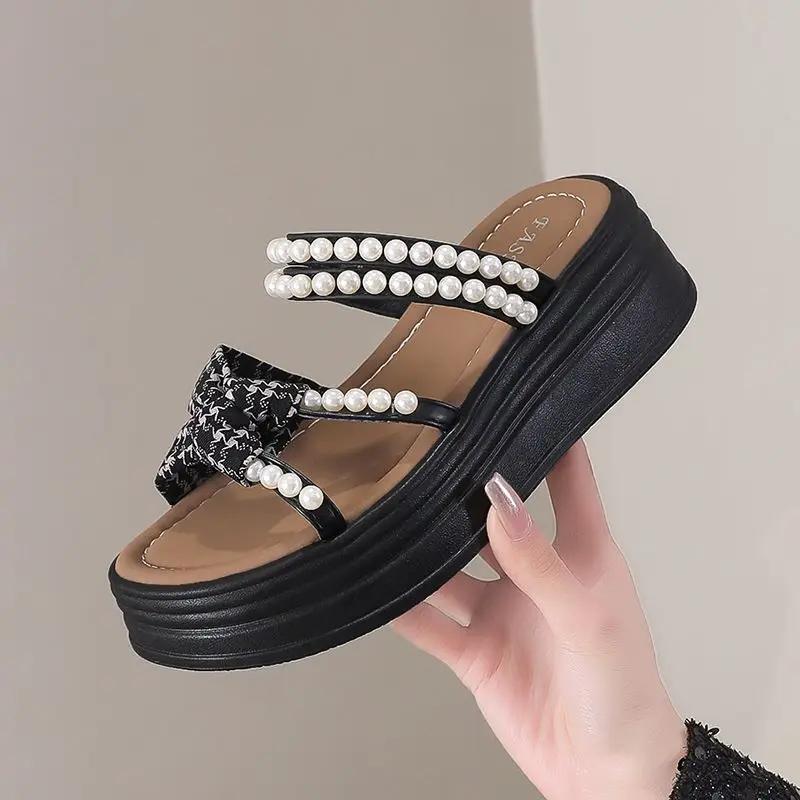 Fashion Wedges Heel Woman Shoes Cheap Liquidation Luxury Summer Comfortable Shoe Asian Size on Offer Vintage Vip Pearl Sandals for Women