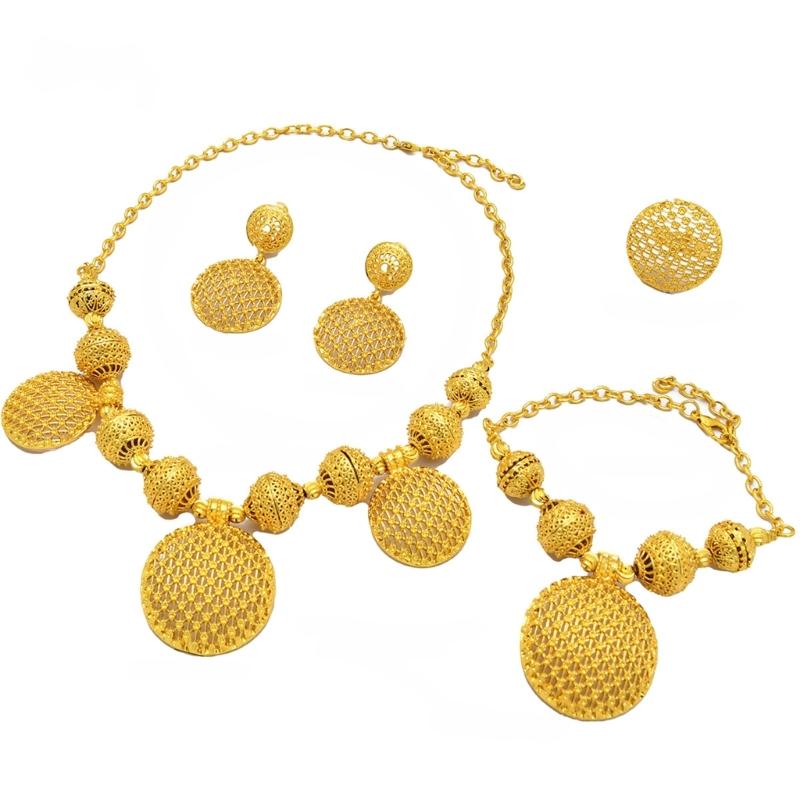 Gold Color Necklace Earring Wrist Chain and Rings Set For Bridal And Party Nigerian Weddings and Engagement Parties