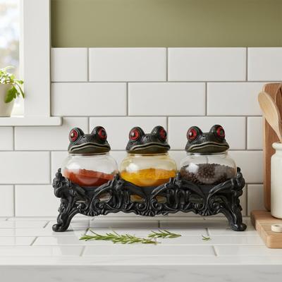 Handcrafted Witchy Frog Apothecary Spice Jars Clear Seasoning Jars Unique Vintage Jars with Frog Lids 3 Piece Frog Spice Jar Set
