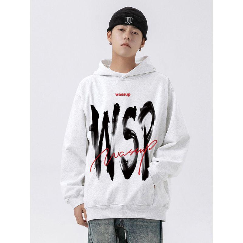 Wassup American-Style Inkjet Letter Sweatshirt for Men, Hooded, Autumn and Winter 2024 New Loose Casual Jacket Hoodie for Couples