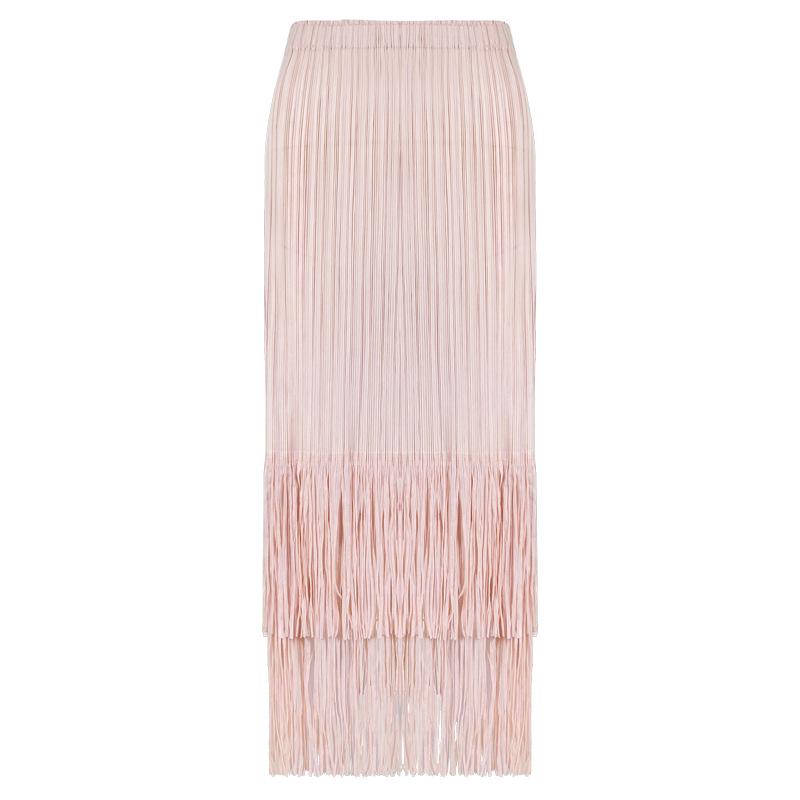 2025 Summer Pleated Tassel A-line Midi Skirt – High Waist Commute Design for Women