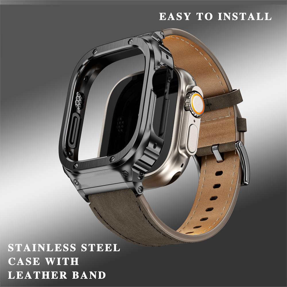 Metal Case+Genuine Leather Strap For Apple Watch Band 44mm 45mm 49mm 40mm 41mm 45 mm bracelet iwatch series se 8 7 6 5 4 ultra 2