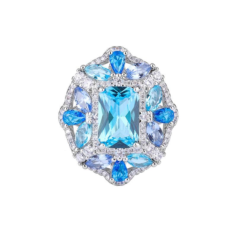 Jewelry Copper Bottom Gold-Plated Simulation Topa Blue Ring Necklace Set Creative Full Diamond Luxury Set Main 8 * 12