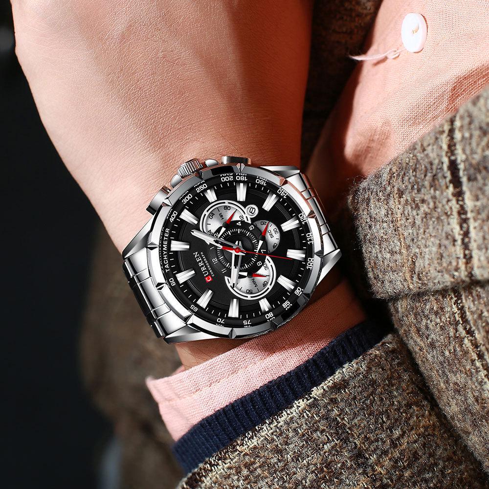 CURREN 8363 Men's Waterproof Quartz Steel Band Watch with Multifunctional Seven-Needle Design and Calendar/Weekday Display.